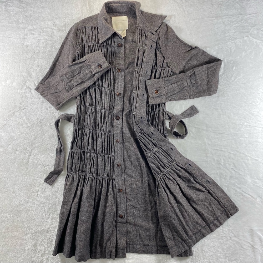 STEPHAN SCHNEIDER Belgium 100% Cotton Flannel Shirt Belt Dress Brown sz 1, SMALL